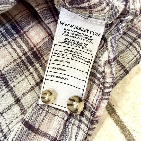 Hurley Lightweight Pink/Purple/White Plaid Button Down Blouse - Picture 10 of 11